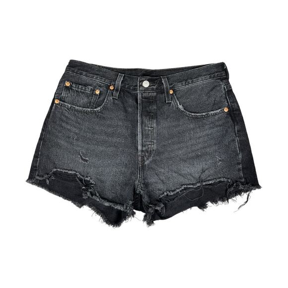 Levi's 501 High Rise Denim Shorts 30 Cut Offs Wise Up Black Wash Jean Distressed - Picture 1 of 6